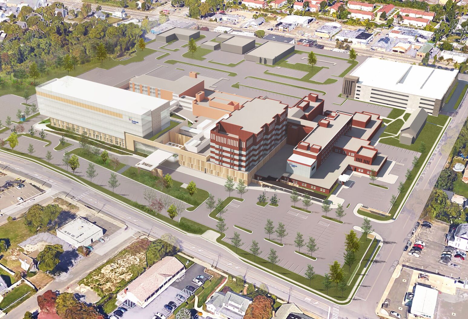 An artist's rendering of South Shore University Hospital with the new medical pavilion.