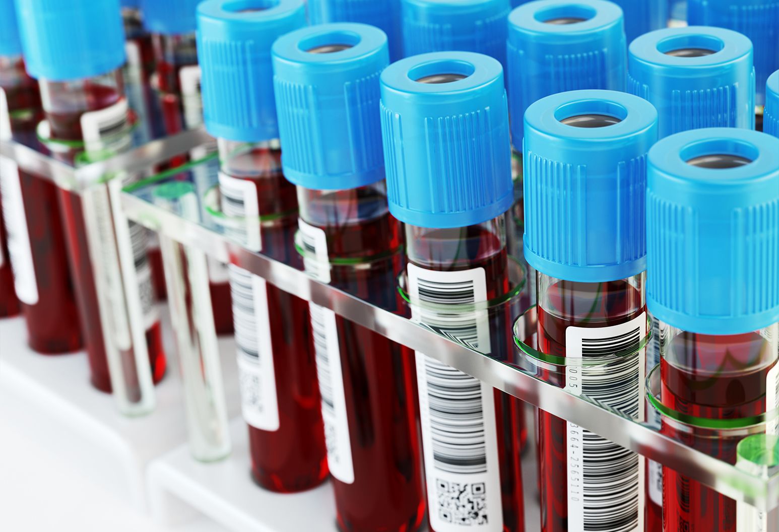 Blood test tubes. Blood samples in a rack. 3d illustration