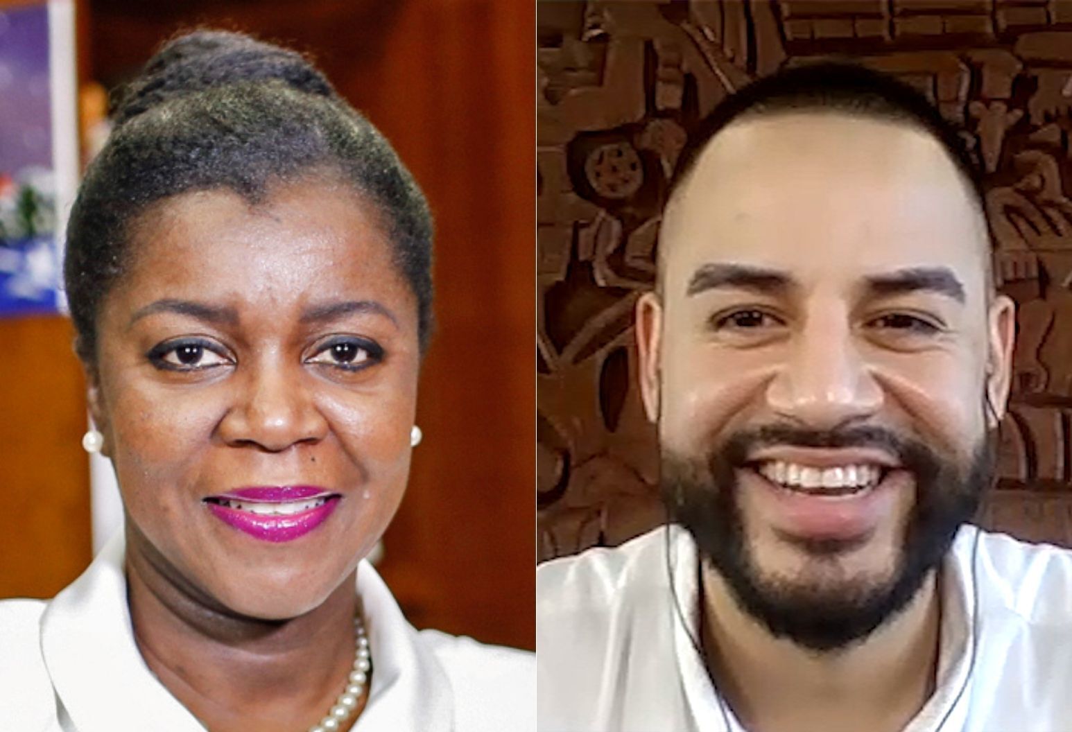 Two headshots next to one another. The headshot on the left is that of a female doctor, while the one on the right is of a male doctor—both smiling.
