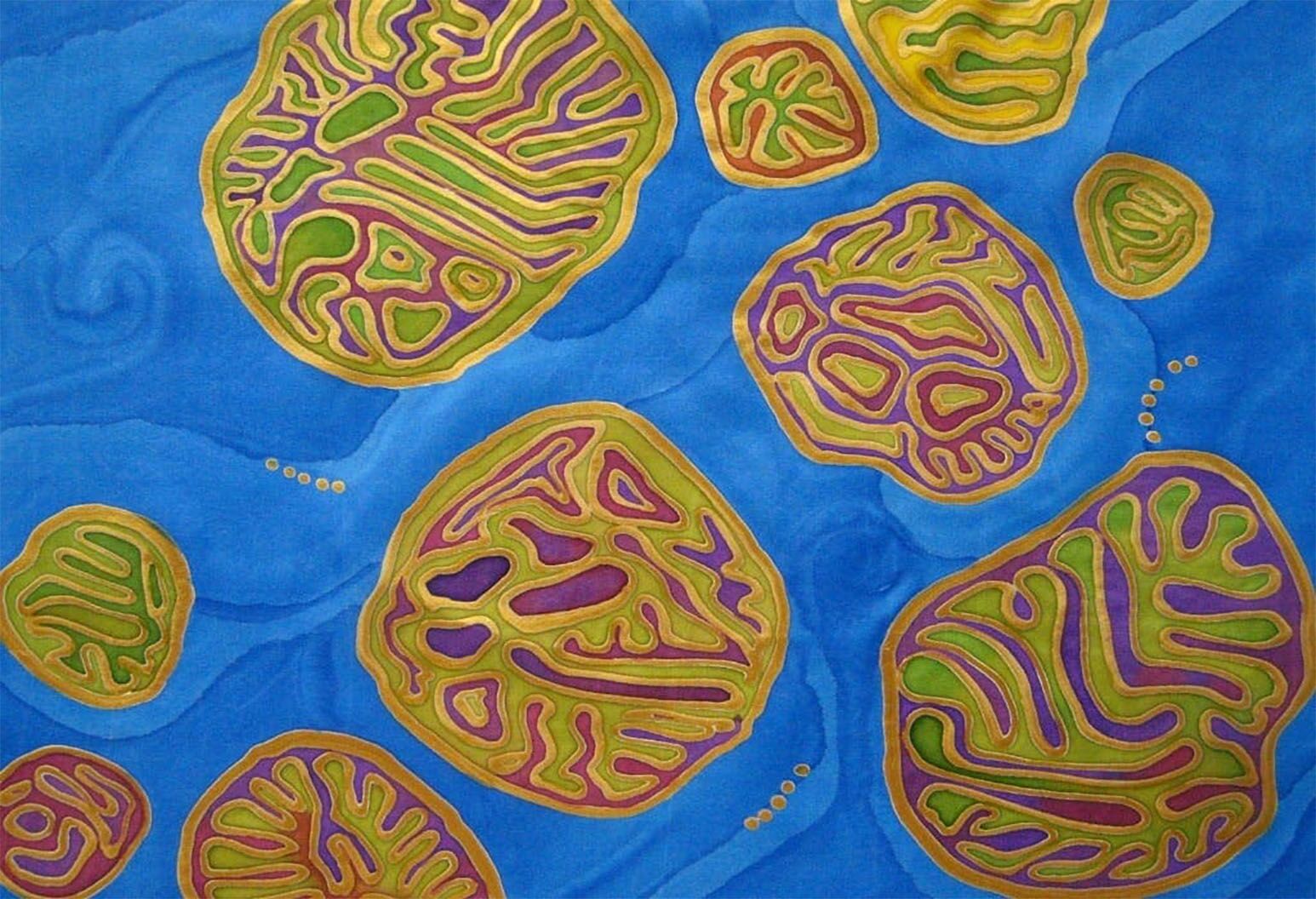 Artistic depiction of mitochondria in blues and yellows