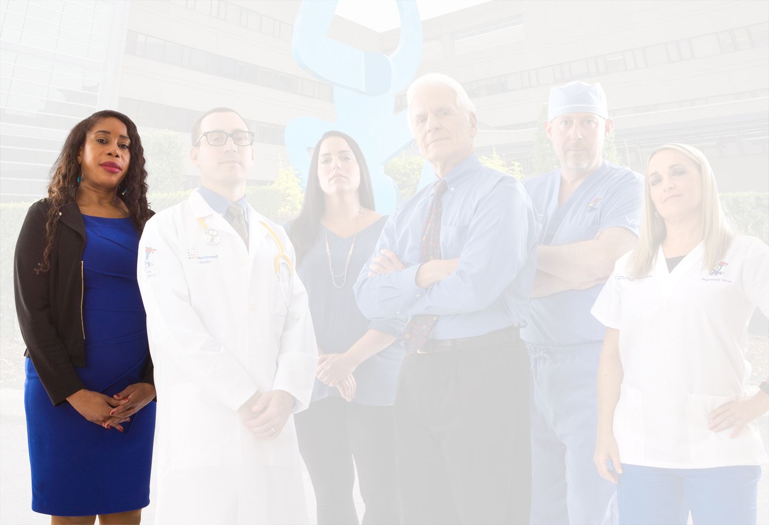 A Master of Social Work (MSW) stands heroically on the left of the team. She separates from the rest of the team and the background.
