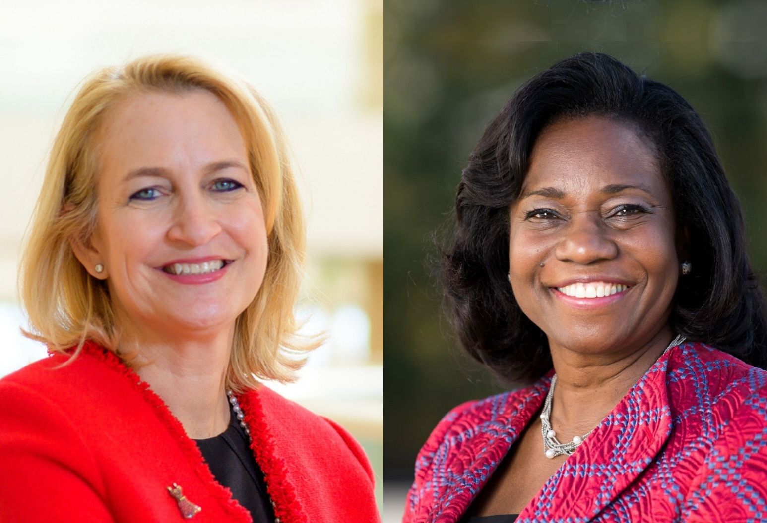 A composite of two women: one with blonde hair wearing a red suit jacket on left and the other with black hair and red and blue suite jacket on right.
