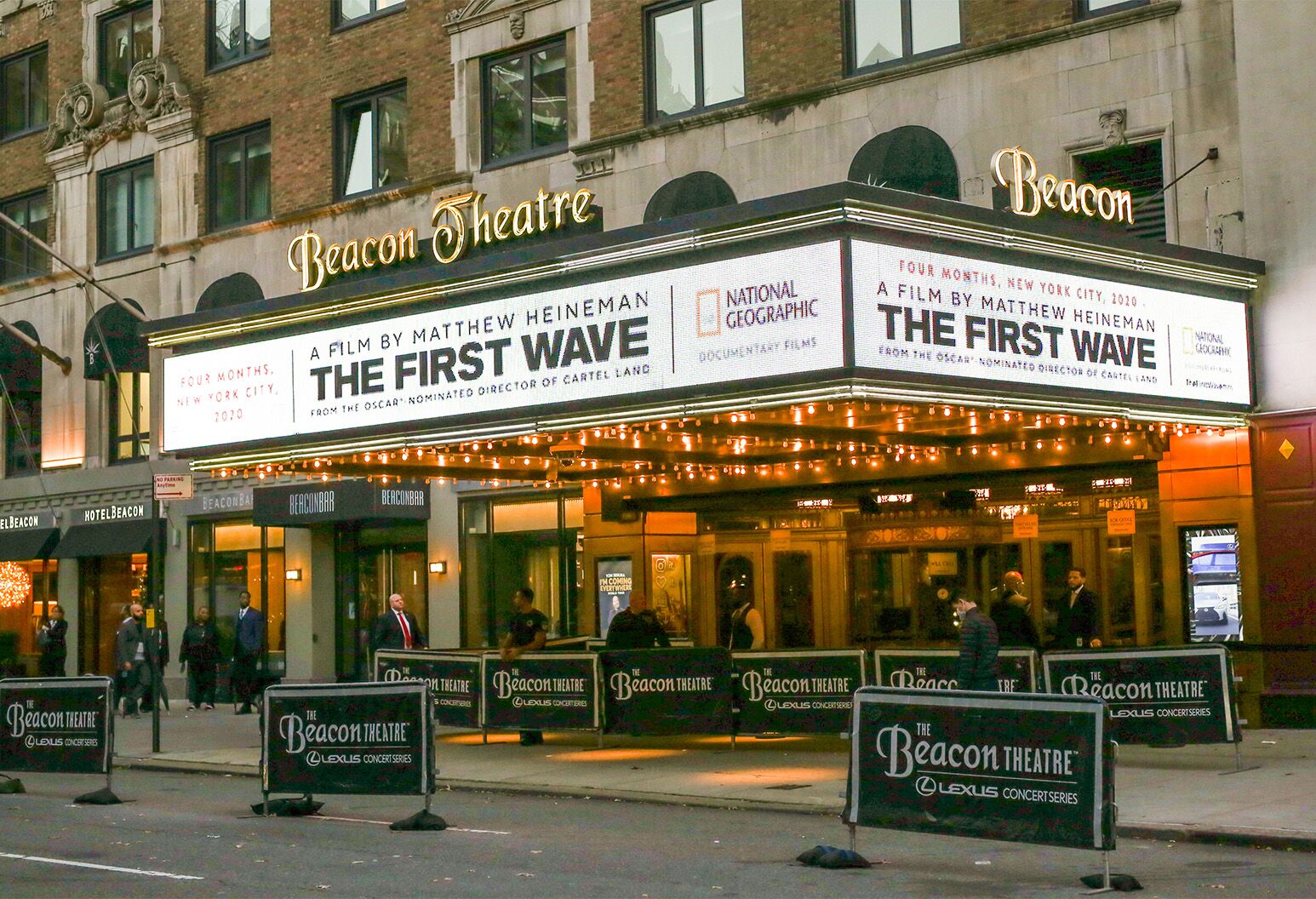 A marquee at the Beacon Theater in Manhattan promotes a production by the name of "The First Wave".